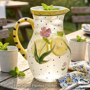 Flora Hand Painted Glass Pitcher 64 oz. Floral VTG Coastal Cottage Grandmother